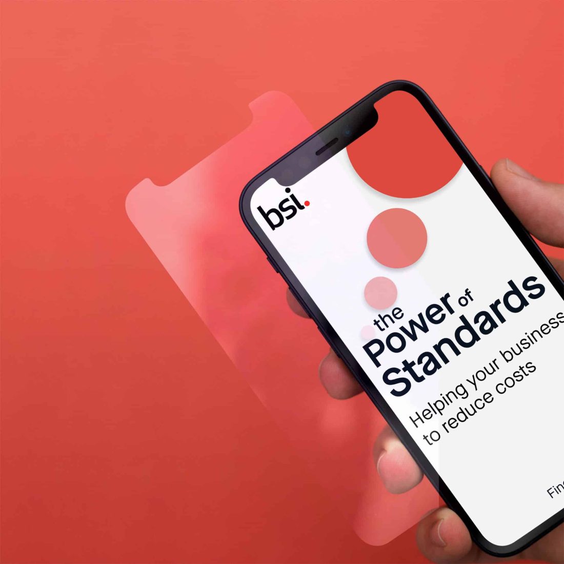 BSI Power of Standards Marketing Campaign, in red and white graphic circles on a smartphone screen.