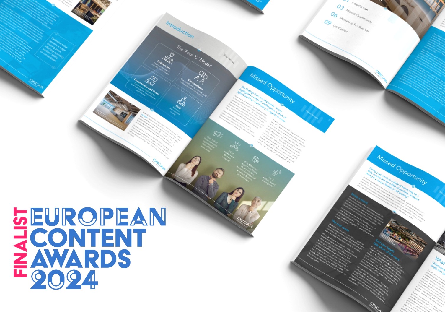 Image collage showcasing various promotional materials for a campaign titled "Noise Annoys" by Oscar Acoustics, including a printed booklet, brochures, a tablet displaying the whitepaper, and a "Winner European Content Awards 2024" logo awarded to The Think Tank for this campaign.