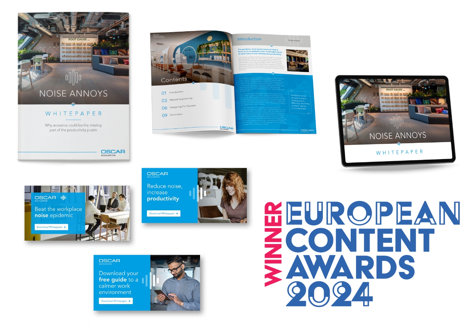 Image collage showcasing various promotional materials for a campaign titled "Noise Annoys" by Oscar Acoustics, including a printed booklet, brochures, a tablet displaying the whitepaper, and a "Winner European Content Awards 2024" logo awarded to The Think Tank for this campaign.