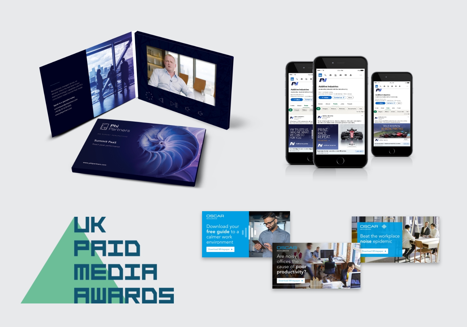 Collage of media items including a video brochure, mobile phone screens displaying social media posts, and web banner ads. The UK Paid Media Awards logo is at the bottom left corner, awarded to The Think Tank, a marketing and PR agency, for 3 of their clients: Oscar Acoustics, Phi Partners, Additive Industries. The items showcase various branded digital marketing content.