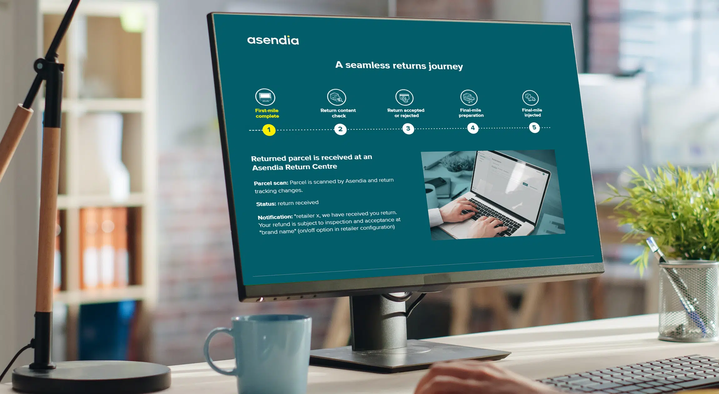 Computer monitor displaying a seamless returns journey process by Asendia. The screen shows a step-by-step returns process with five stages: First-mile complete, Return content check, Return accepted or rejected, Final-mile preparation, and Final-mile injected. Below the process stages, there's detailed information about the returned parcel being received at an Asendia Return Centre, including parcel scan, return status, and notification details. A photo of hands typing on a laptop is also shown on the right side of the screen
