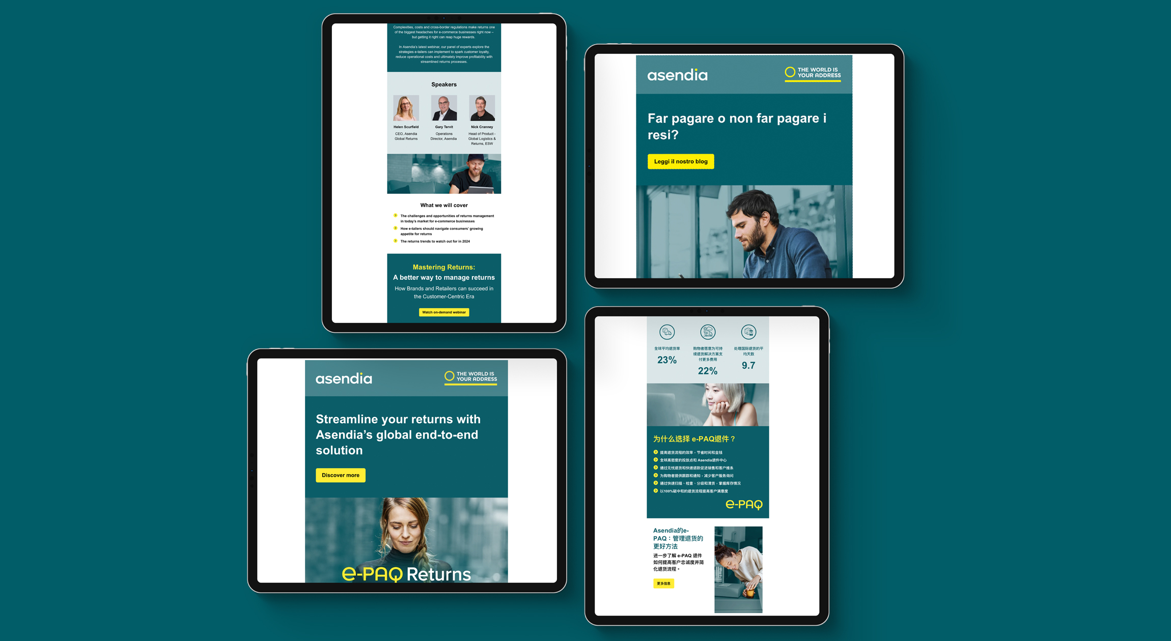 Four emails used in the Assendia e-PAQ Returns campaigns on a green background