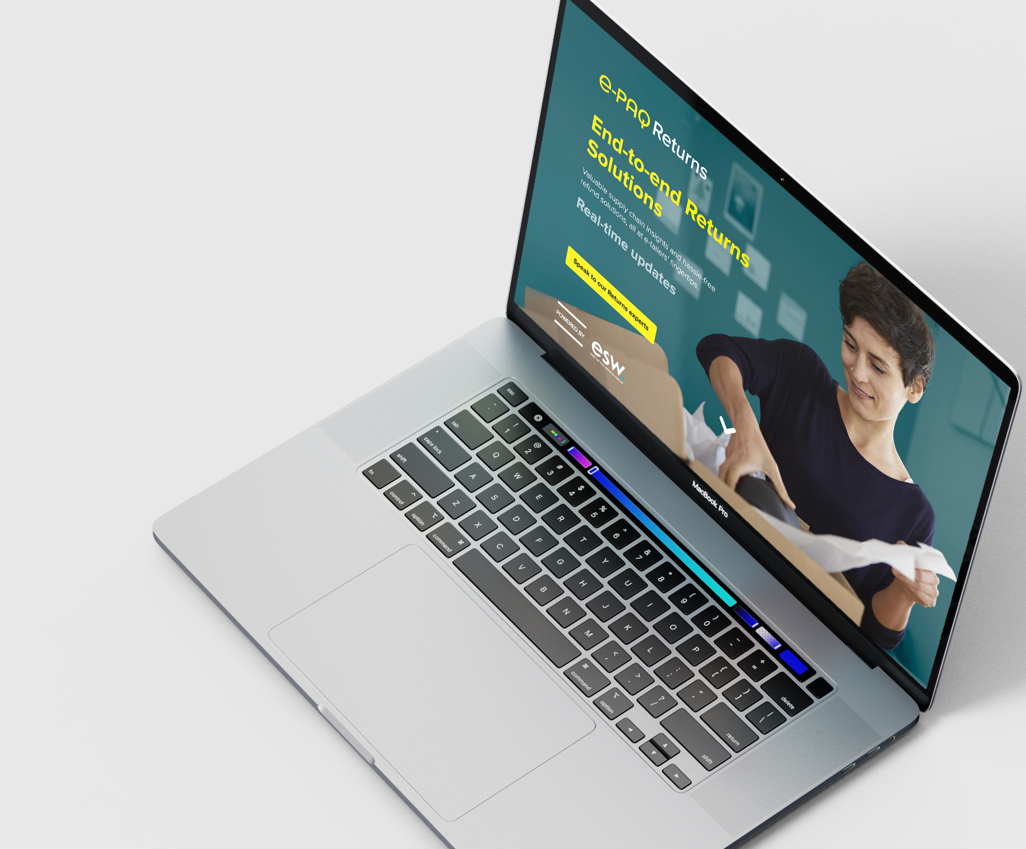 Laptop displaying a website for e-PAQ Returns by Assendia, showcasing end-to-end returns solutions with a smiling person opening a package.