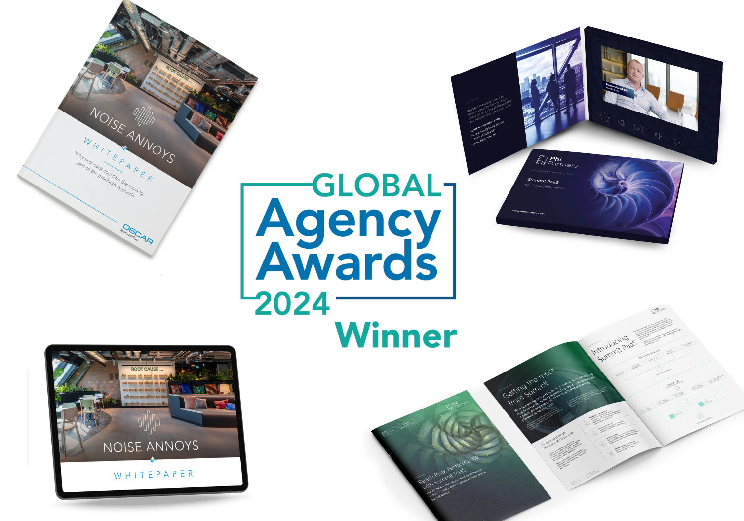 Collection of marketing materials including whitepapers and digital brochures by Oscar Acoustics and Phi Partners, awarded the Global Agency Awards 2024 Winner.