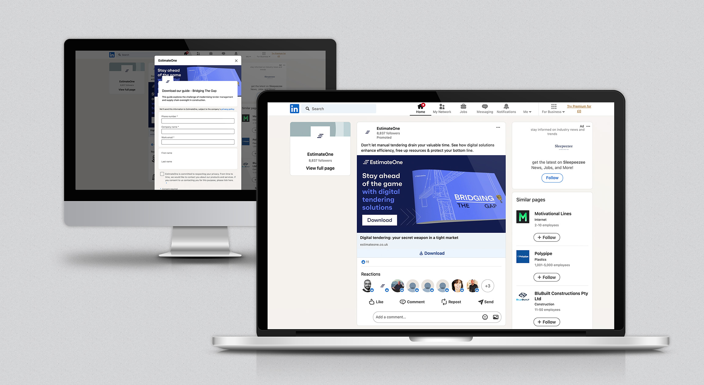 EstimateOne LinkedIn campaign shown on desktop monitors with a download guide form and promotional content.