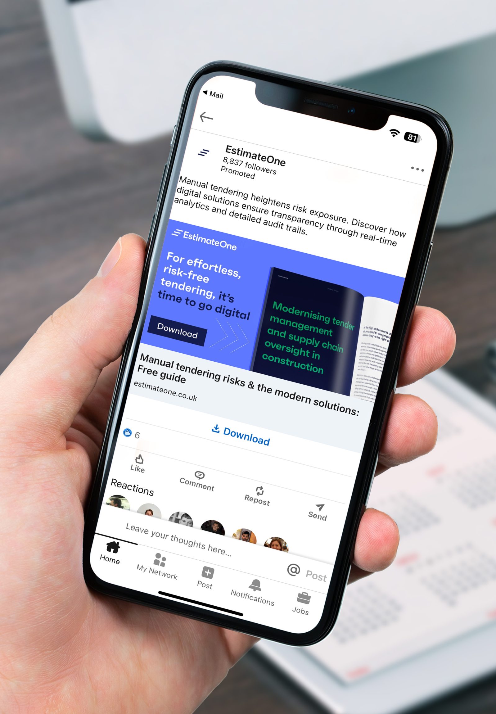 EstimateOne LinkedIn campaign displayed on a smartphone, highlighting the benefits of digital tendering and offering a free guide download.