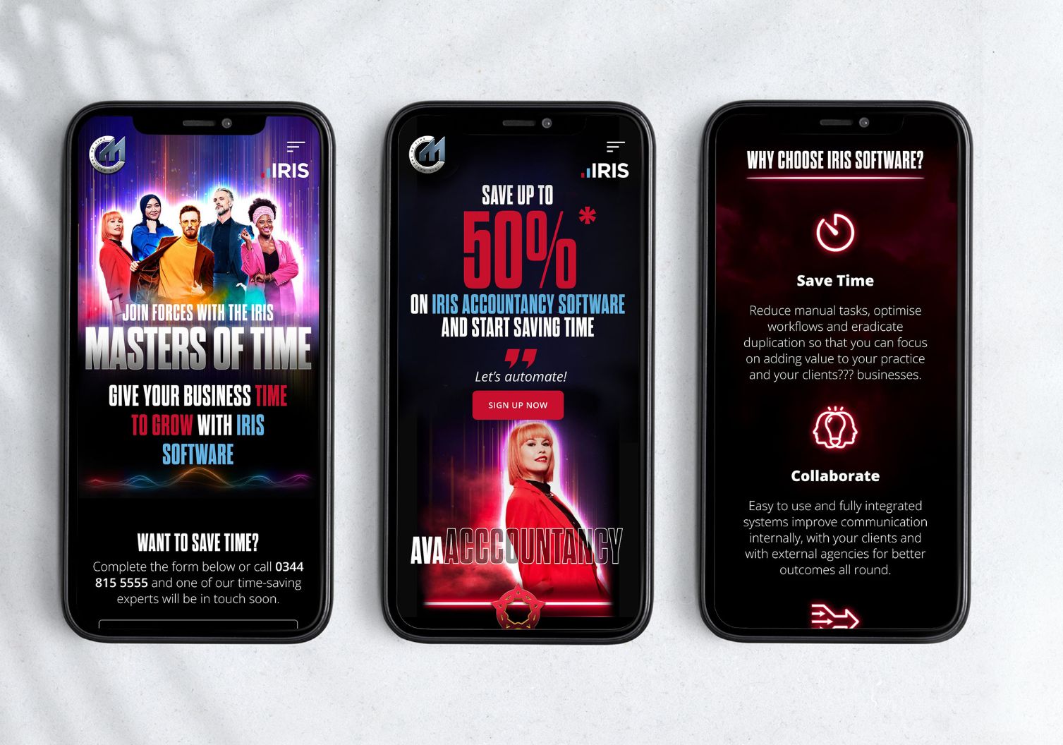 Smartphone screens showcasing Iris' Masters of Time campaign artwork featuring five superheroes for Accountancy, Payroll, Finance, Education and Human Resources.