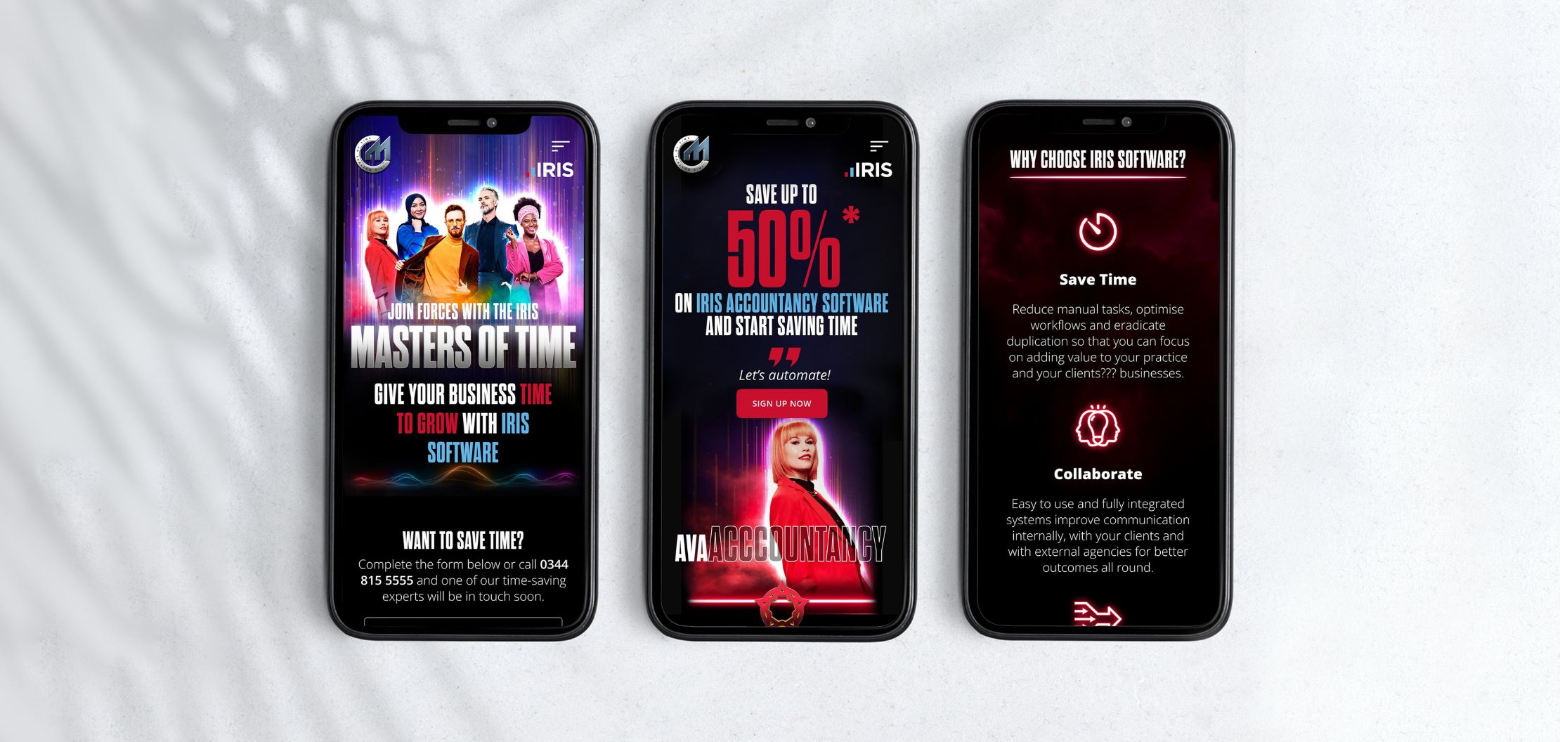 Smartphone screens showcasing Iris' Masters of Time campaign artwork featuring five superheroes for Accountancy, Payroll, Finance, Education and Human Resources.