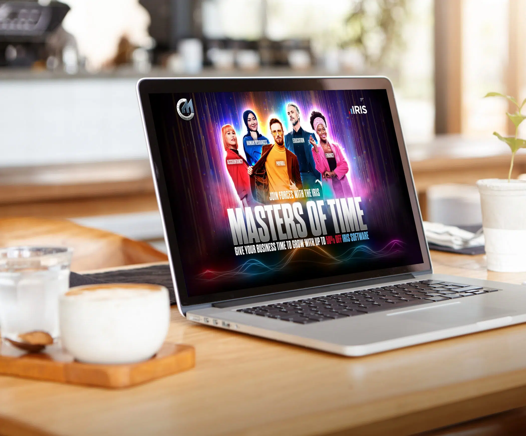 Iris' Masters of Time campaign artwork showcasing Five Superheroes for Accountancy, Payroll, Finance, Education and Human Resources on a laptop screen, for The Think Tank's case study.