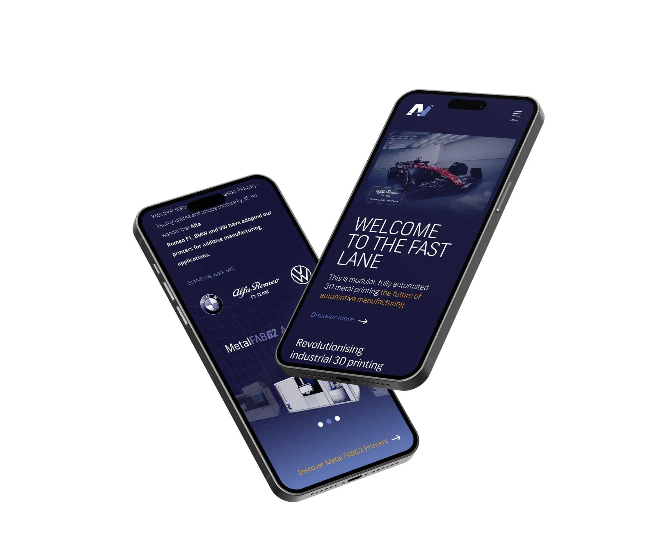Two phones showcasing Additives home page, with Alfa Romeo race car and branding shown. Titled 'Welcome To The Fast Lane'