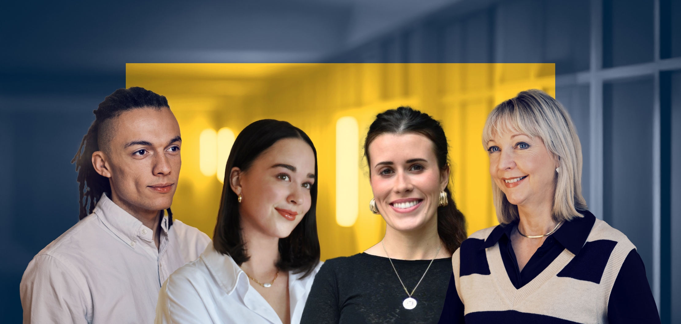 The PR team at The Think Tank PR & Marketing Agency in Think Tank's brand blue and yellow image treatment.