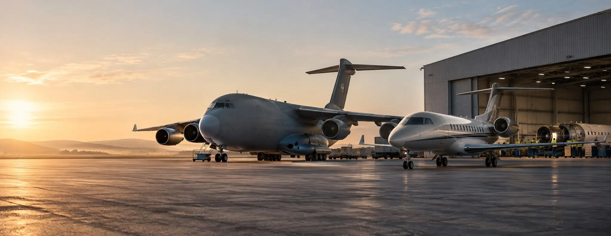 2 large airplanes sat on tarmac outside a working hangar with sun setting in background
